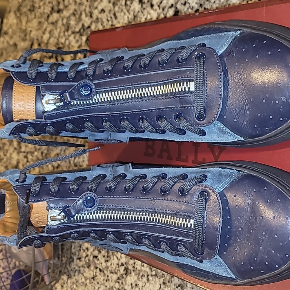 Bally Navy Leather and Suede Zipper Sneakers